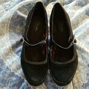 suede and patent leather mary Jane's by Clark's
